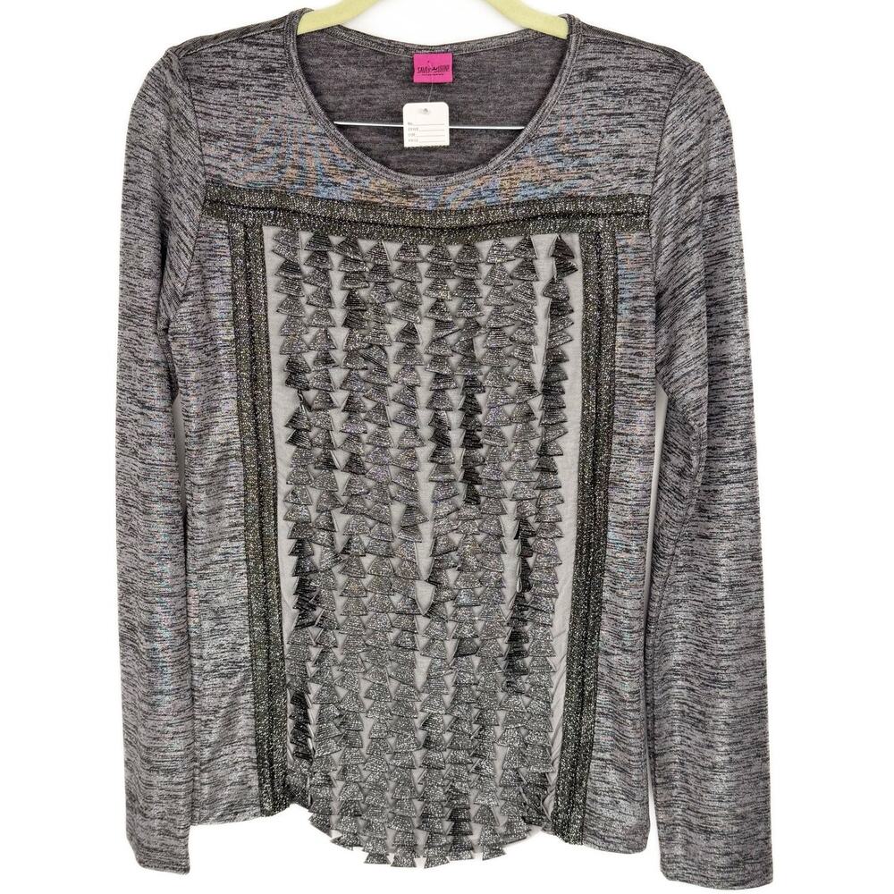 New Save The‎ Queen Made in Italy Gray Metallic Fringe Tassels Unique Top Small